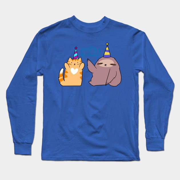 Happy Birthday! Sloth and Orange Tabby Cat Long Sleeve T-Shirt by saradaboru